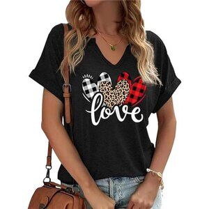 Women's Lover Heart Graphic V Neck Shirt Valentines Funny T-Shirt Short Sleeves